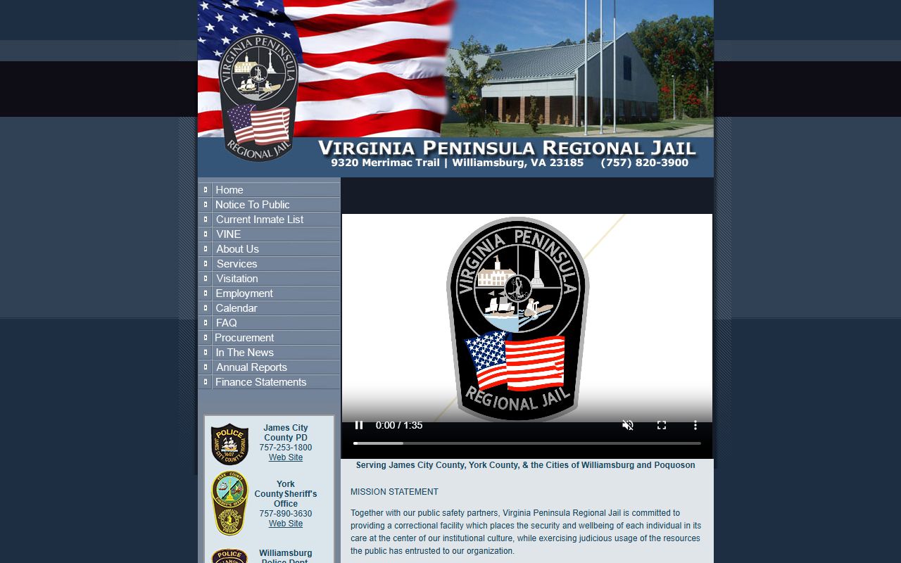 James City County jail mugshots — Virginia Peninsula Regional Jail website