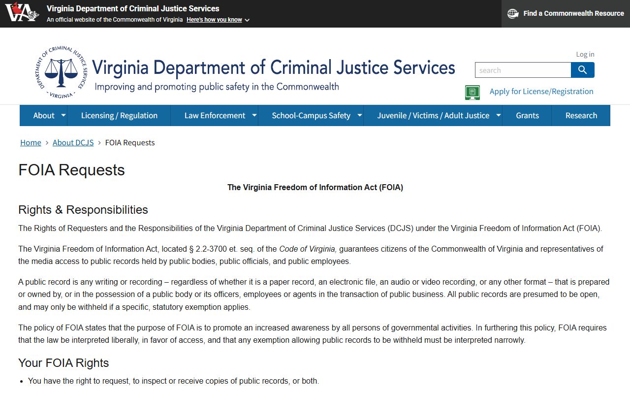 Virginia DCJS FOIA requests Virginia jail mugshots